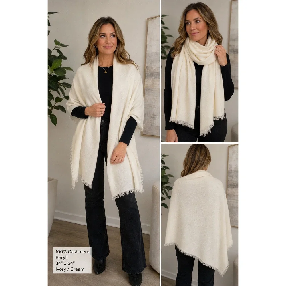 Beryll 100% Cashmere Overzised Wrap Shawl Scarf Ivory Cream Fringe Wrap 34x64